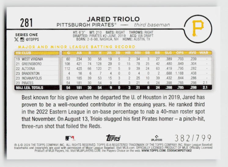 2024 Topps #281 Jared Triolo Purple Holofoil #/799