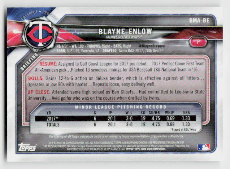 2018 Bowman #BMA-BE Blayne Enlow Chrome Mega Autographs