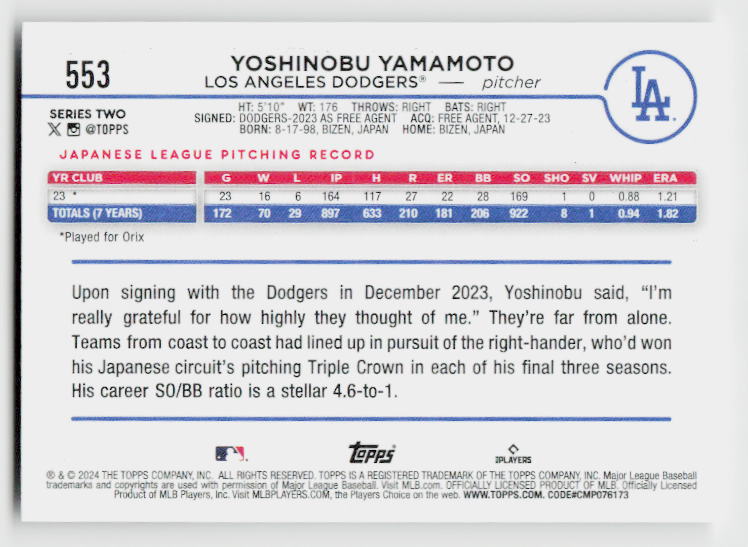 2024 Topps #553 Yoshinobu Yamamoto