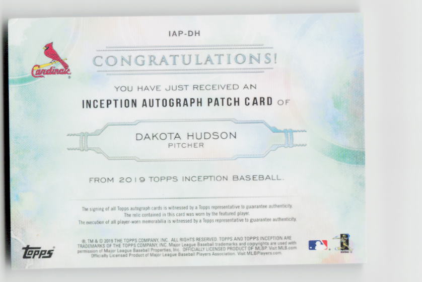 2019 Topps Inception #IAP-DH Dakota Hudson Inception Autograph Patch #/199
