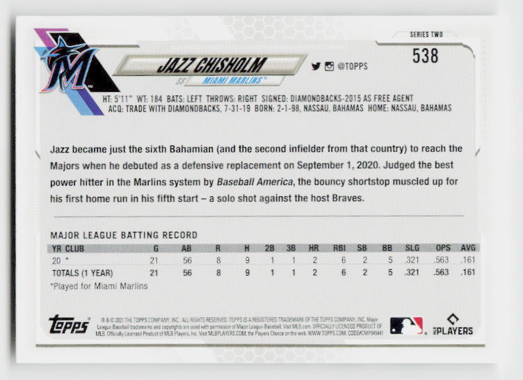 2021 Topps #538b Jazz Chisholm Wearing "Respect Miami" t-shirt