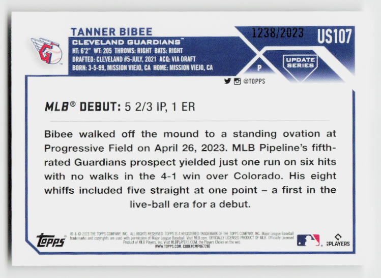 2023 Topps Update #US107 Tanner Bibee Gold #/2023