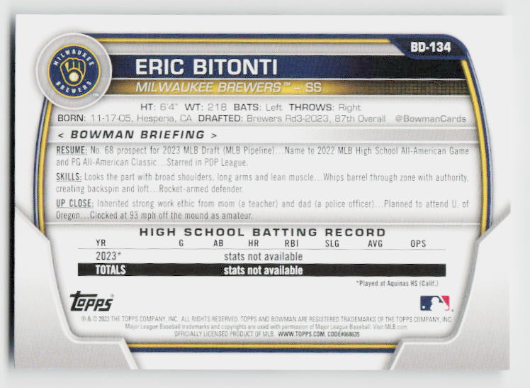 2023 Bowman Draft #BD-134 Eric Bitonti Sky Blue #/499