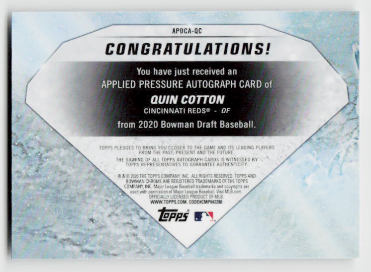 2020 Bowman Draft #APDCA-QC Quin Cotton Applied Pressure Autographs #/99