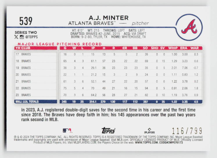 2024 Topps #539 A.J. Minter Purple Holofoil #/799